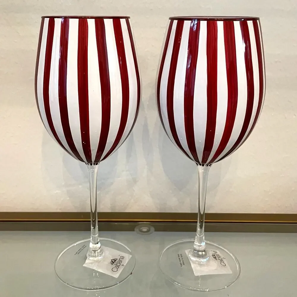 Cabana Red Striped Wine Goblet Glass Set of 2 Holiday NEW